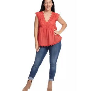 Lucky Brand Poppy Red Eyelet Sleeveless‎ Summer Babydoll Top Blouse Size S NEW